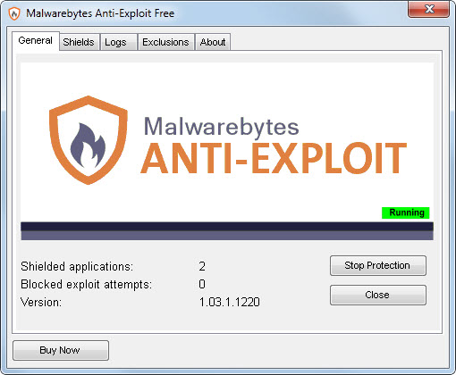 Malwarebytes Anti-Exploit Free application window